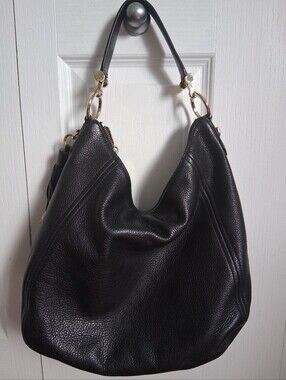 Michael Kors Black Pebbled Leather Hobo with Gold Hardware and Tassel Charm